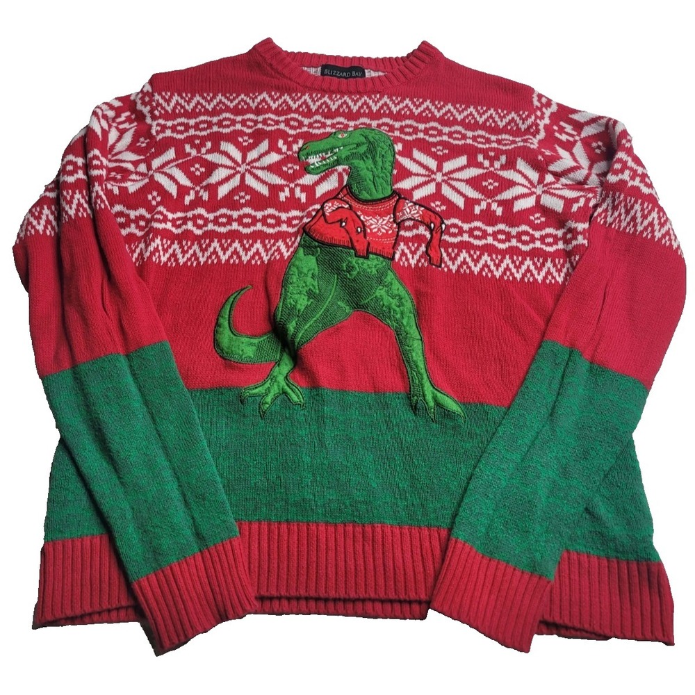 Blizzard Bay Dinosaur T-Rex Christmas Holiday Sweater Men's Small 100% Cotton‎